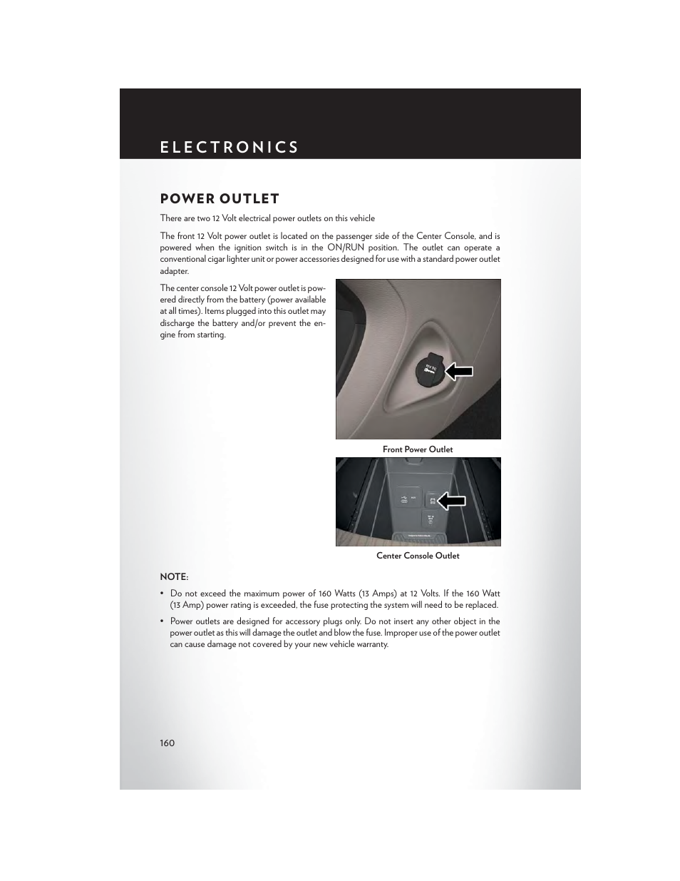 Power outlet | Chrysler 2015 200 - User Guide User Manual | Page 162 / 228