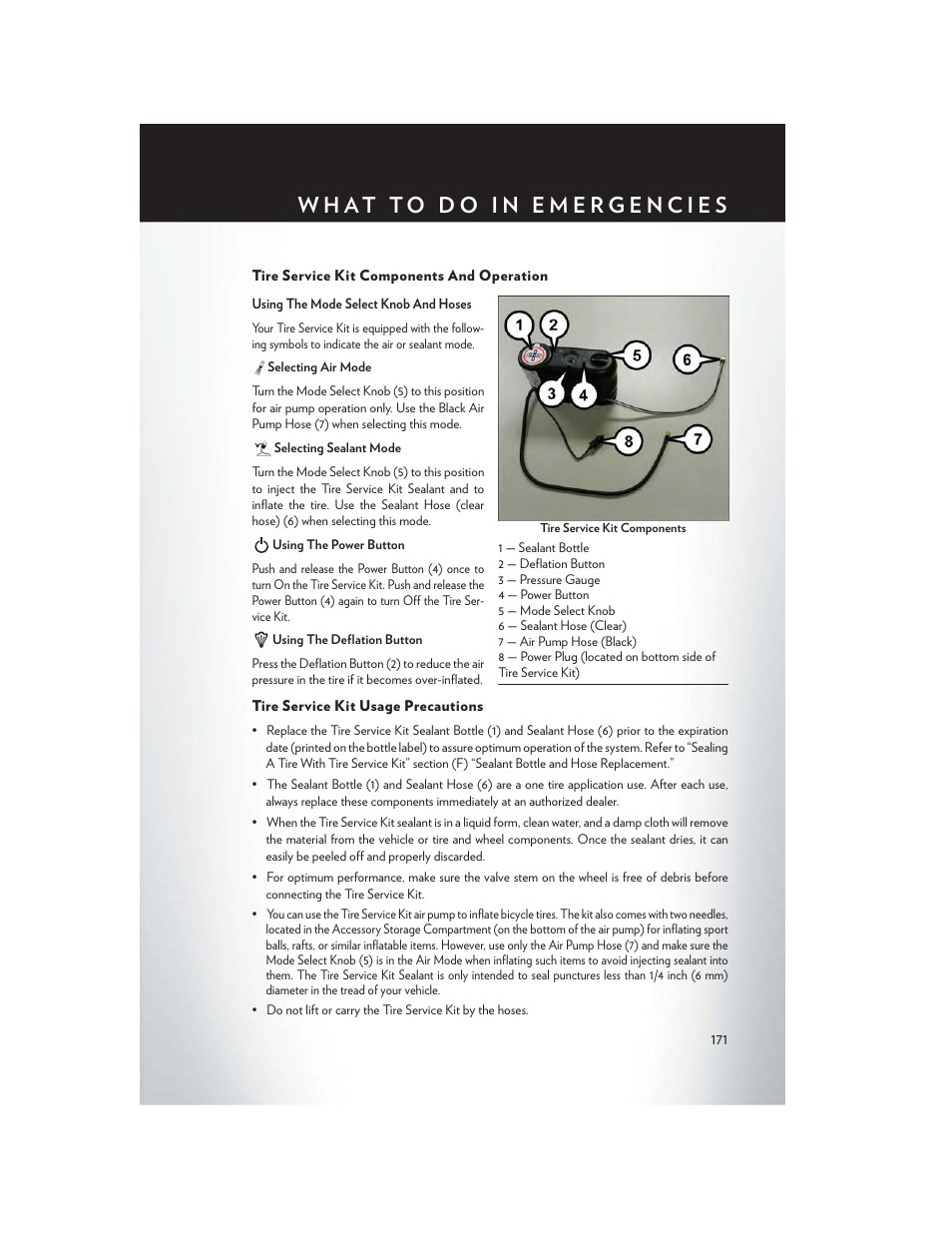 Tire service kit components and operation, Tire service kit usage precautions | Chrysler 2015 200 - User Guide User Manual | Page 173 / 228