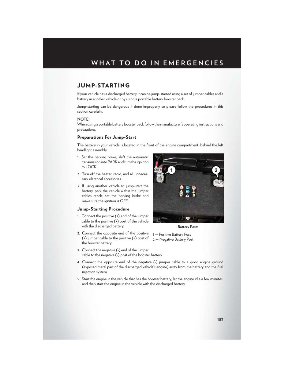 Jump-starting, Preparations for jump-start, Jump-starting procedure | Chrysler 2015 200 - User Guide User Manual | Page 185 / 228