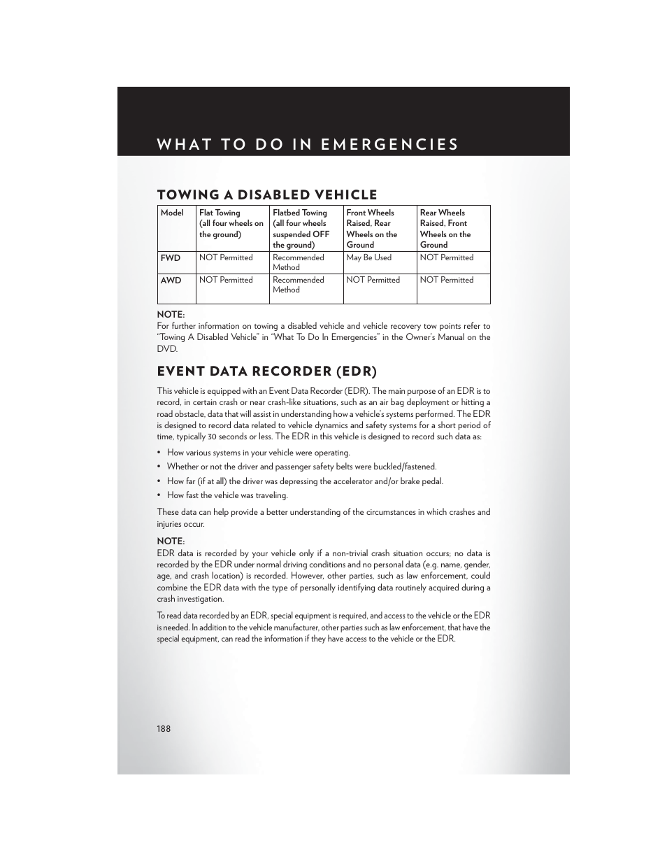 Towing a disabled vehicle, Event data recorder (edr) | Chrysler 2015 200 - User Guide User Manual | Page 190 / 228