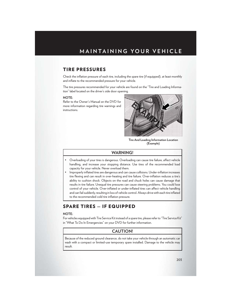 Tire pressures, Spare tires — if equipped | Chrysler 2015 200 - User Guide User Manual | Page 205 / 228