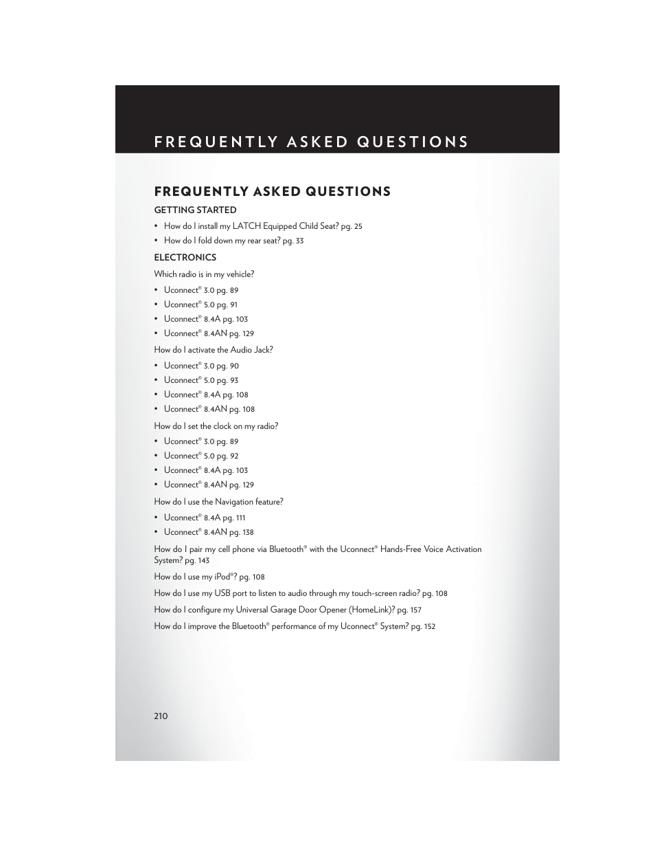 Frequently asked questions, Frequently asked, Questions | Chrysler 2015 200 - User Guide User Manual | Page 212 / 228