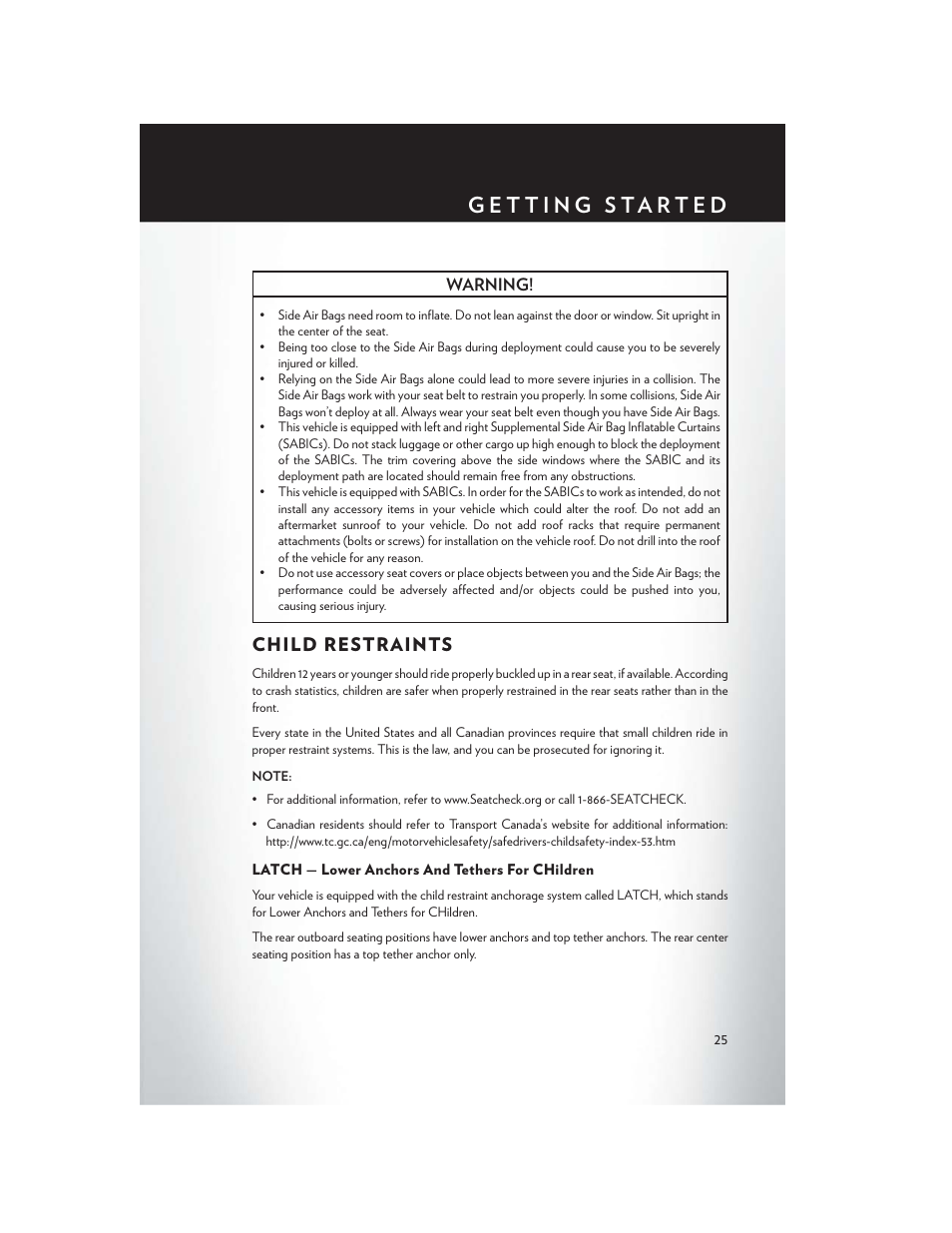 Child restraints, Latch — lower anchors and tethers for children | Chrysler 2015 200 - User Guide User Manual | Page 27 / 228