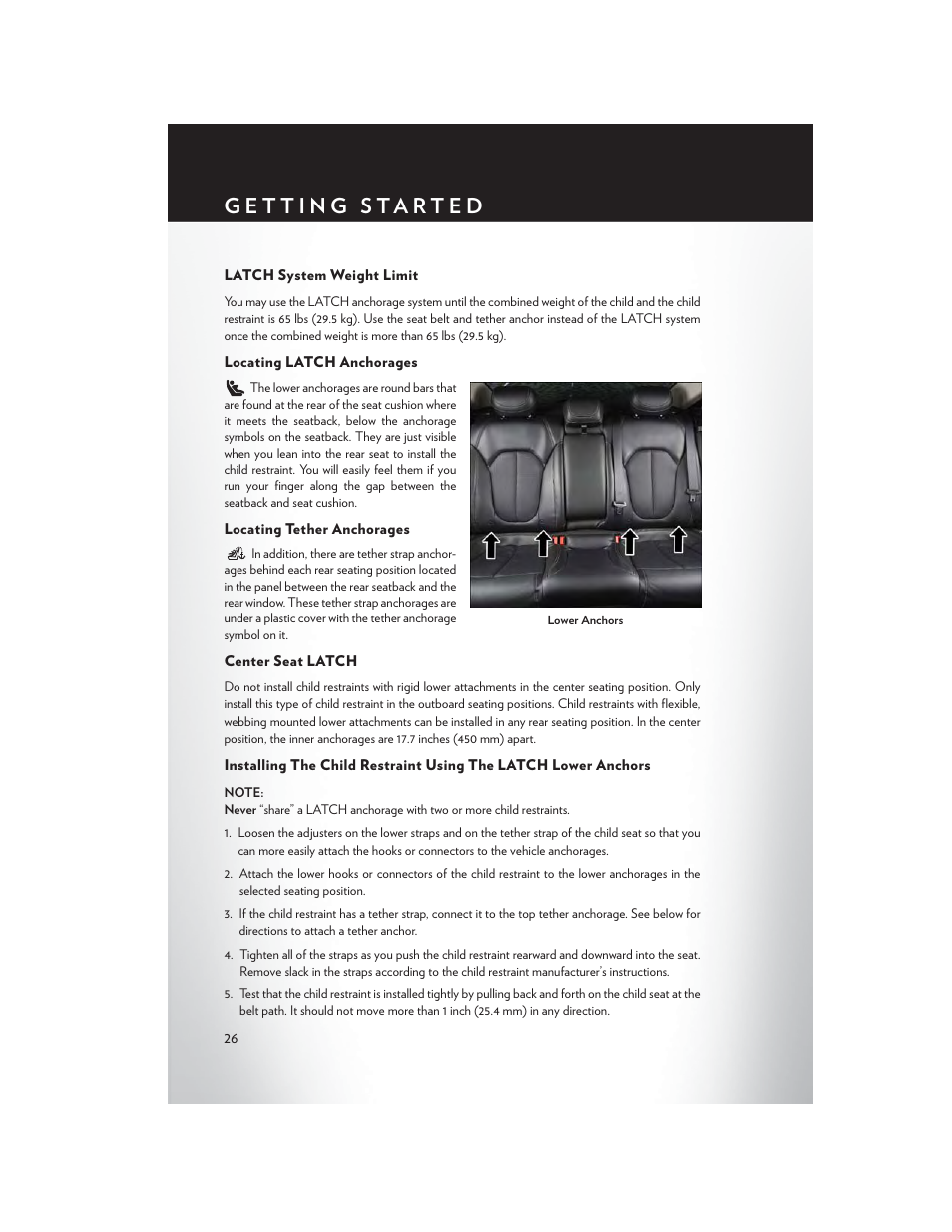 Latch system weight limit, Locating latch anchorages, Locating tether anchorages | Center seat latch | Chrysler 2015 200 - User Guide User Manual | Page 28 / 228