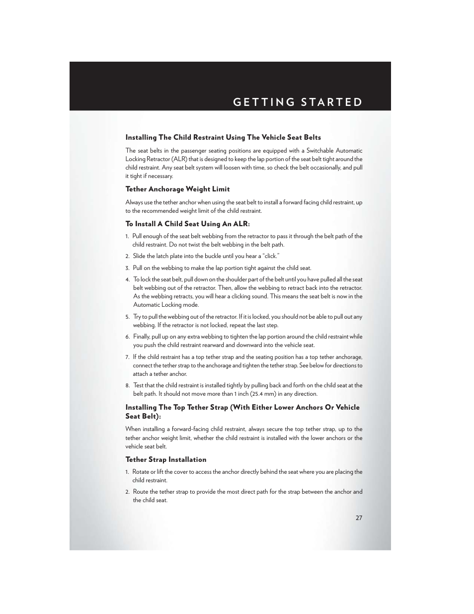 Tether anchorage weight limit, To install a child seat using an alr, Tether strap installation | Chrysler 2015 200 - User Guide User Manual | Page 29 / 228