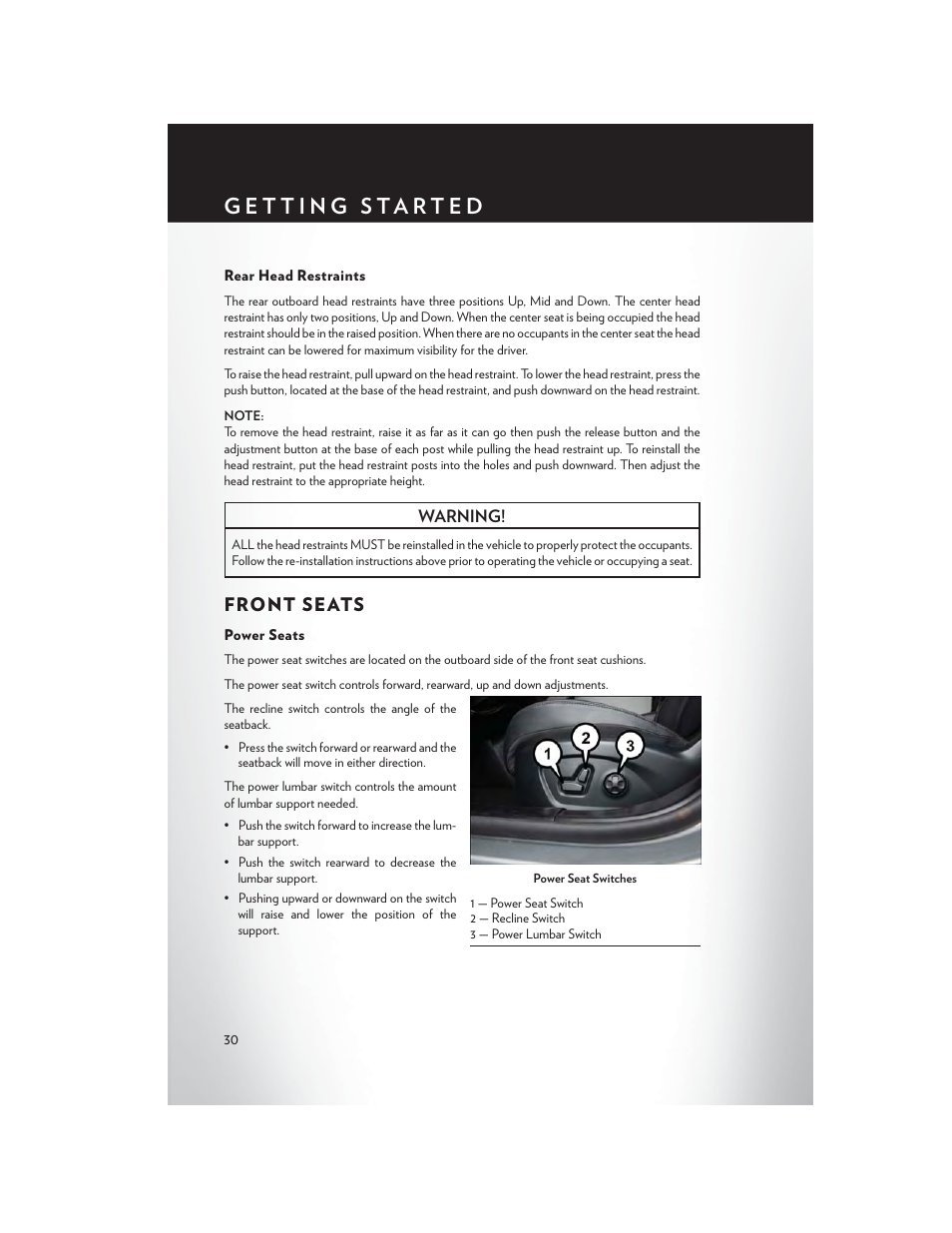 Rear head restraints, Front seats, Power seats | Chrysler 2015 200 - User Guide User Manual | Page 32 / 228