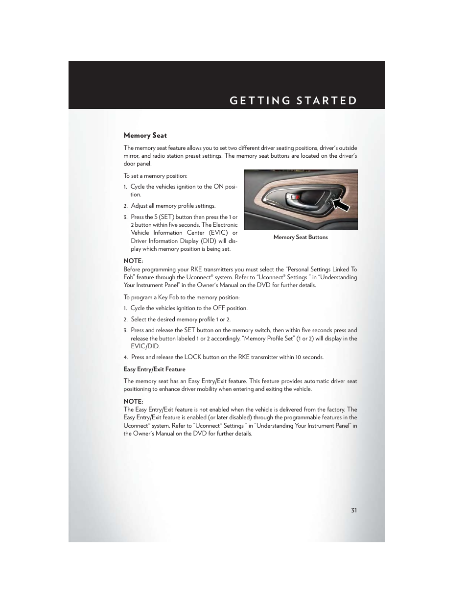 Memory seat | Chrysler 2015 200 - User Guide User Manual | Page 33 / 228