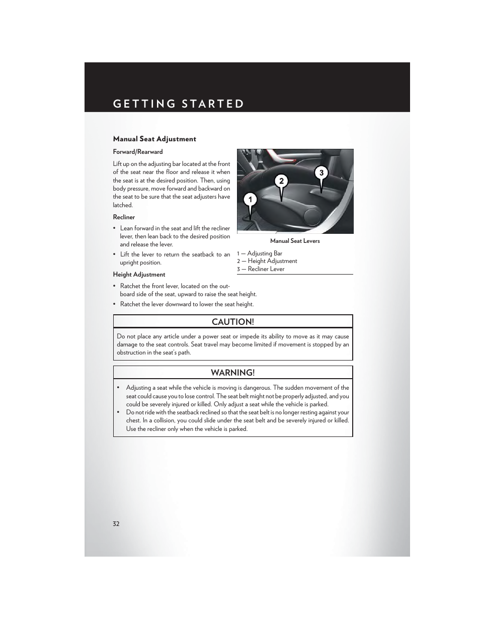 Manual seat adjustment | Chrysler 2015 200 - User Guide User Manual | Page 34 / 228