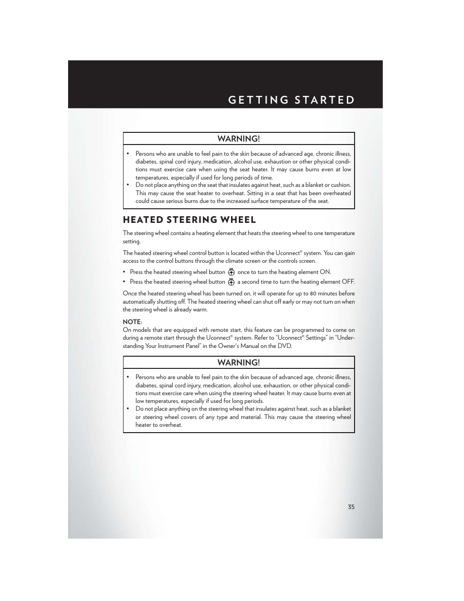 Heated steering wheel | Chrysler 2015 200 - User Guide User Manual | Page 37 / 228