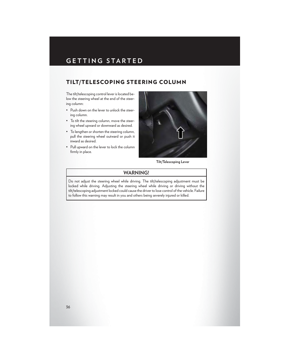 Tilt/telescoping steering column, Tilt/telescoping steering, Column | Chrysler 2015 200 - User Guide User Manual | Page 38 / 228