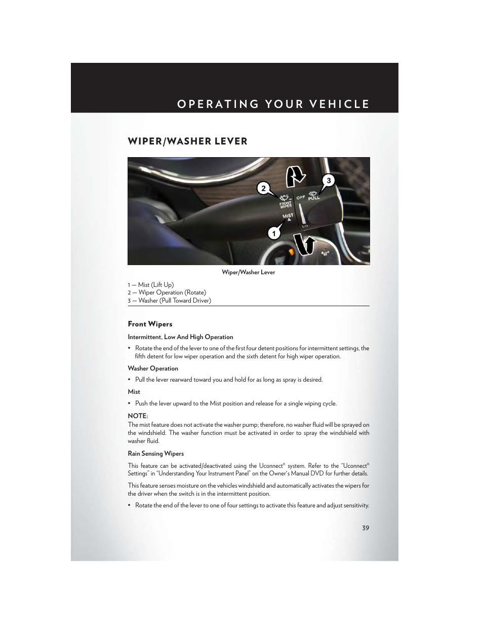 Wiper/washer lever, Front wipers | Chrysler 2015 200 - User Guide User Manual | Page 41 / 228
