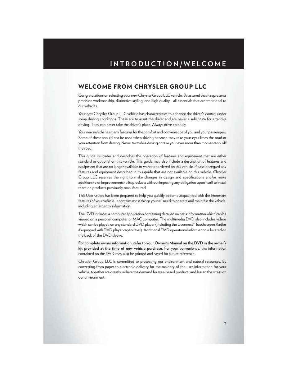 Introduction/ welcome, Welcome from chrysler group llc, Introduction/welcome | Welcome from chrysler, Group llc | Chrysler 2015 200 - User Guide User Manual | Page 5 / 228