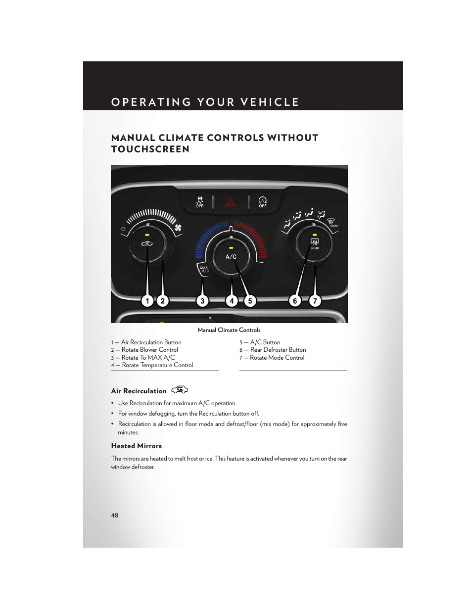 Manual climate controls without touchscreen, Air recirculation, Heated mirrors | Manual climate controls without, Touchscreen | Chrysler 2015 200 - User Guide User Manual | Page 50 / 228