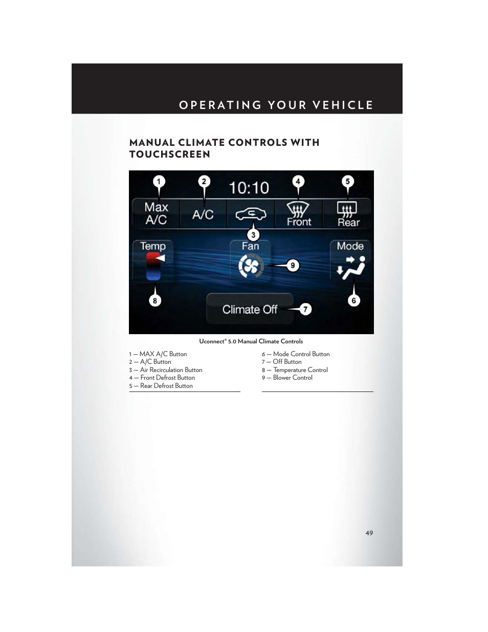 Manual climate controls with touchscreen, Manual climate controls with, Touchscreen | Chrysler 2015 200 - User Guide User Manual | Page 51 / 228