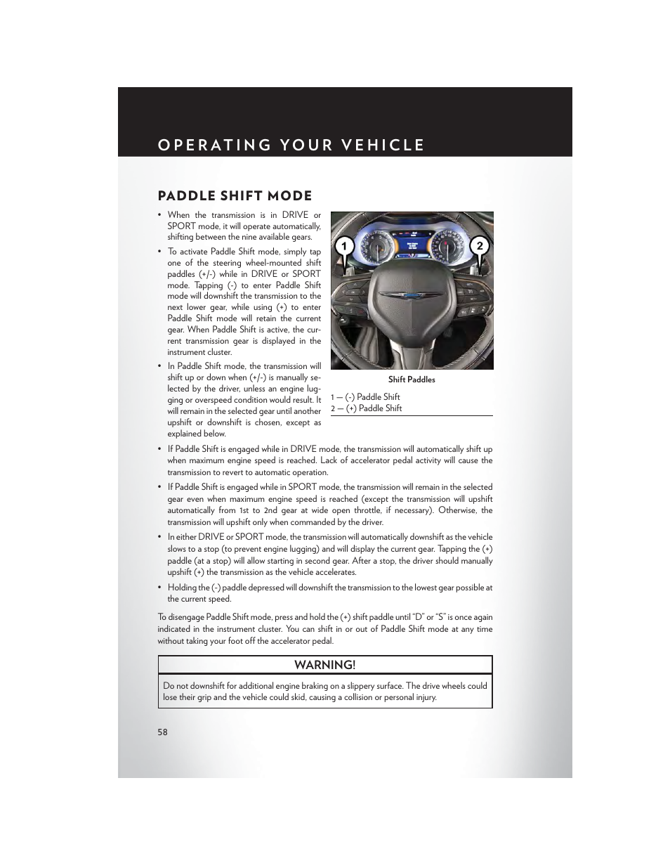 Paddle shift mode, Warning | Chrysler 2015 200 - User Guide User Manual | Page 60 / 228