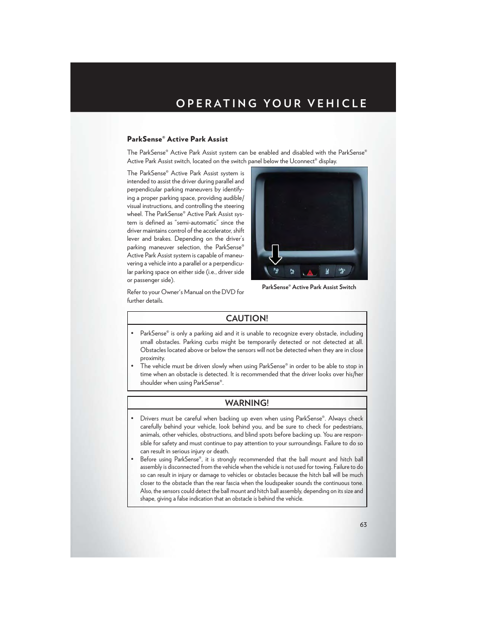 Parksense® active park assist, Caution, Warning | Chrysler 2015 200 - User Guide User Manual | Page 65 / 228