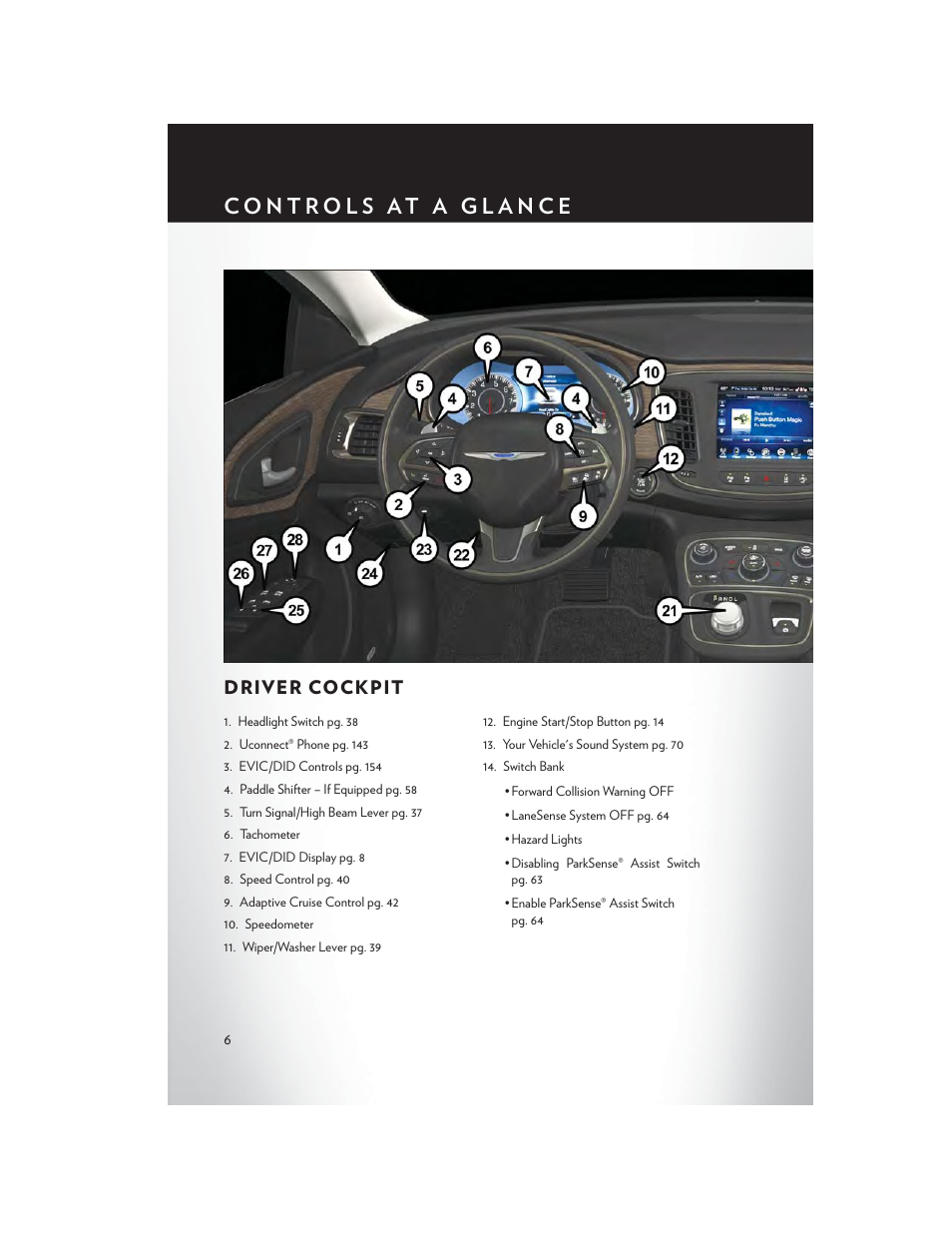 Controls at a glance, Driver cockpit | Chrysler 2015 200 - User Guide User Manual | Page 8 / 228