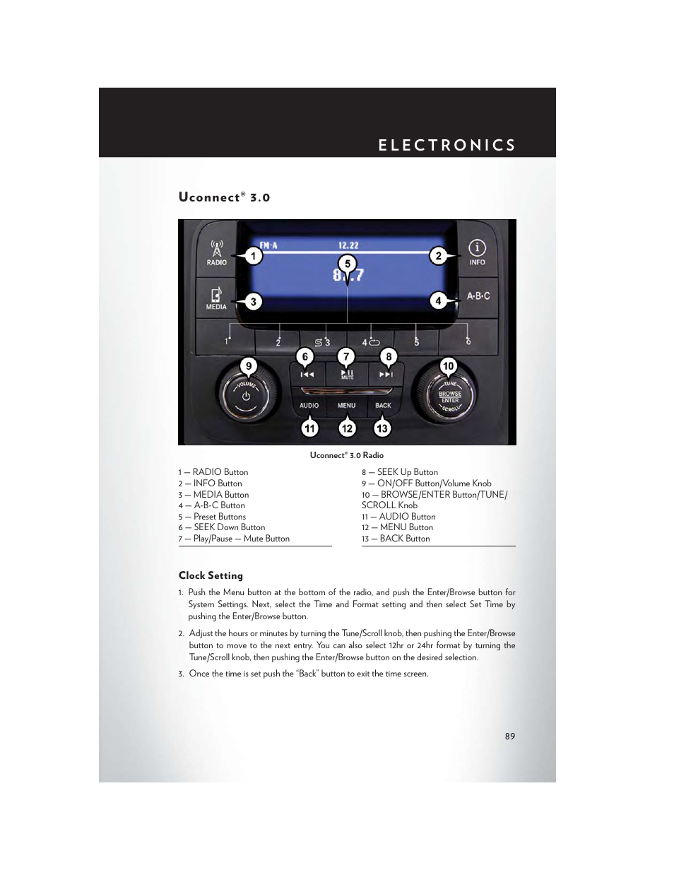 Uconnect® 3.0, Clock setting | Chrysler 2015 200 - User Guide User Manual | Page 91 / 228