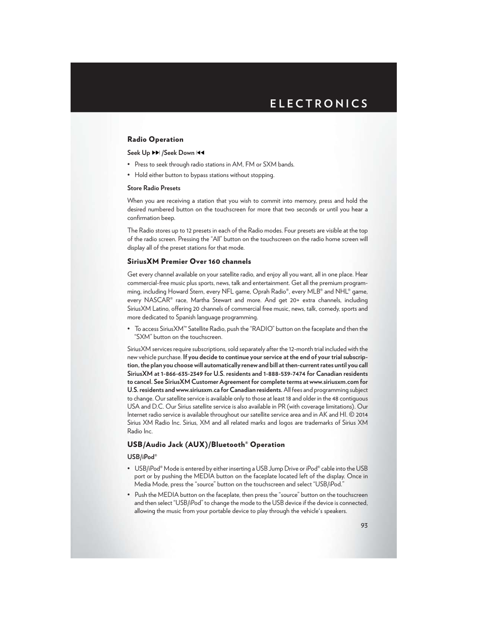 Radio operation, Siriusxm premier over 160 channels, Usb/audio jack (aux)/bluetooth® operation | Chrysler 2015 200 - User Guide User Manual | Page 95 / 228