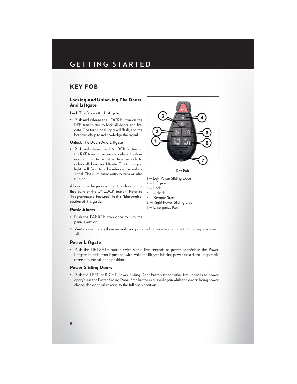Getting started, Key fob, Locking and unlocking the doors and liftgate | Panic alarm, Power liftgate, Power sliding doors | Chrysler 2015 Country - User Guide User Manual | Page 10 / 140