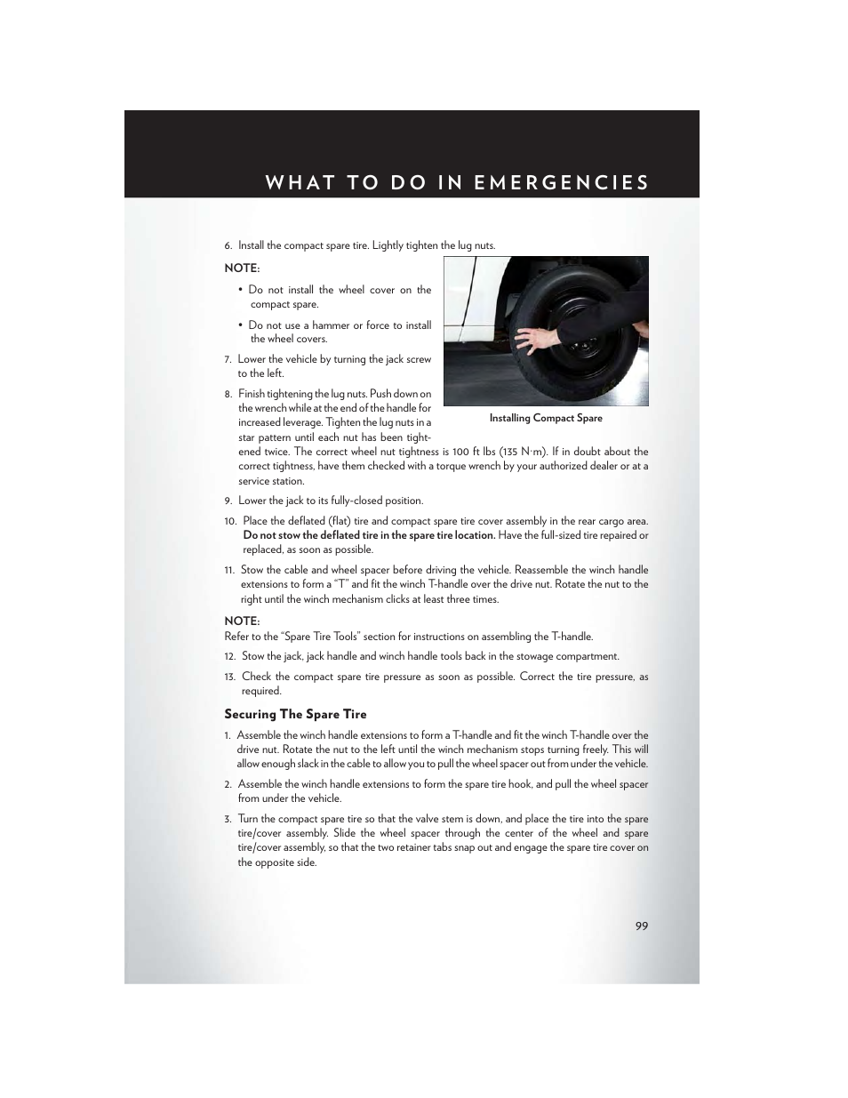 Securing the spare tire | Chrysler 2015 Country - User Guide User Manual | Page 101 / 140