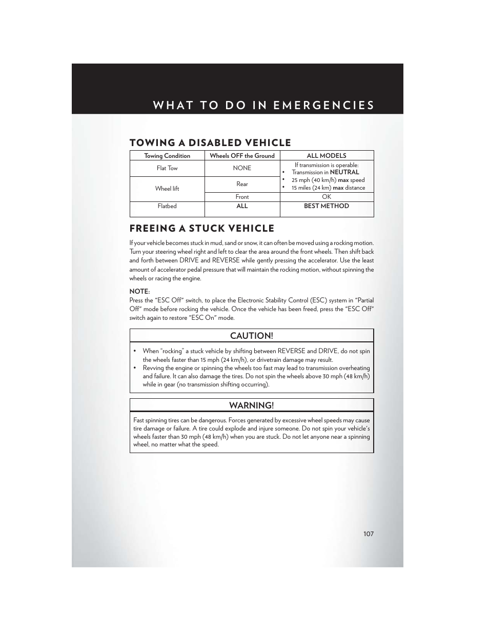 Towing a disabled vehicle, Freeing a stuck vehicle, Caution | Warning | Chrysler 2015 Country - User Guide User Manual | Page 109 / 140