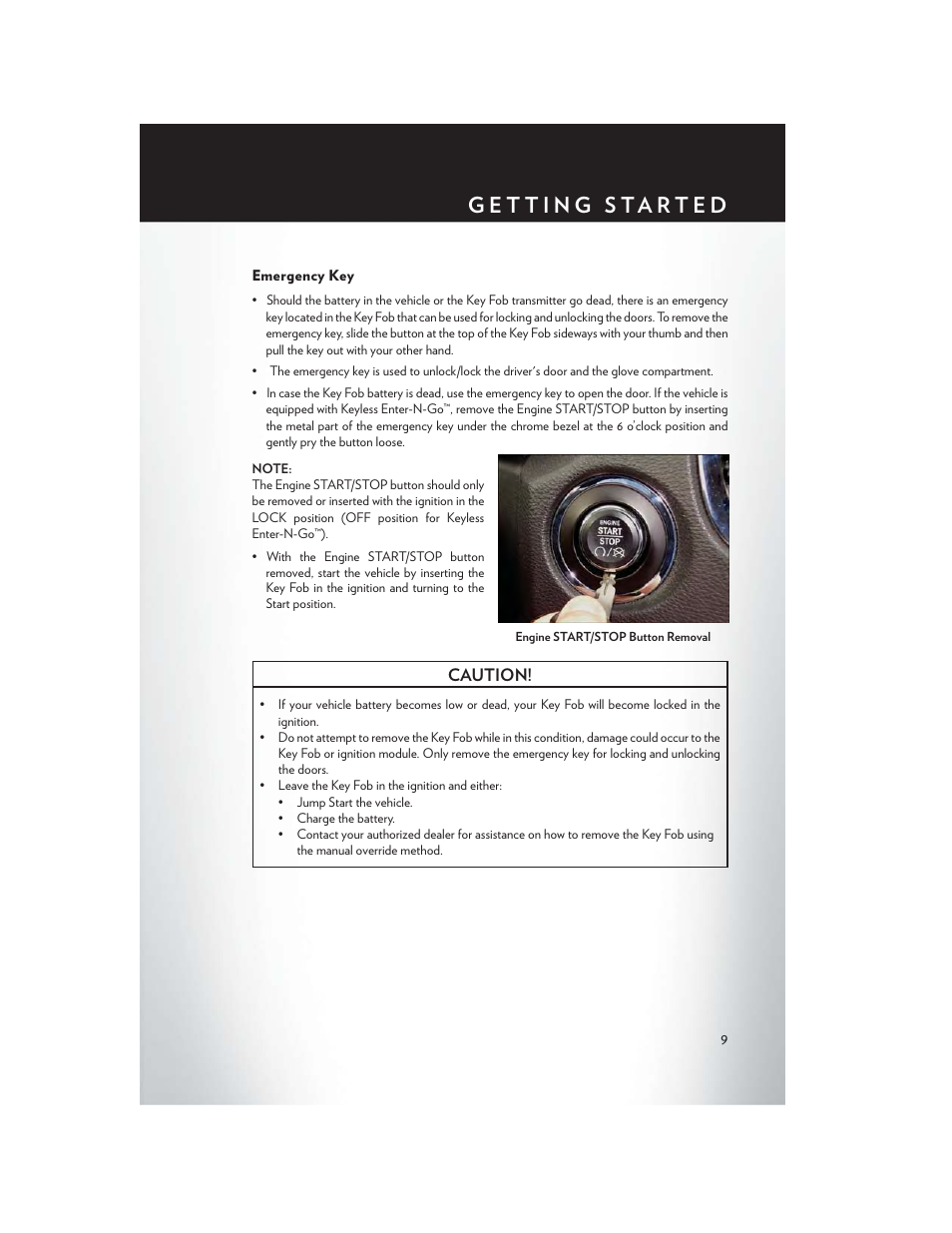 Emergency key, Caution | Chrysler 2015 Country - User Guide User Manual | Page 11 / 140