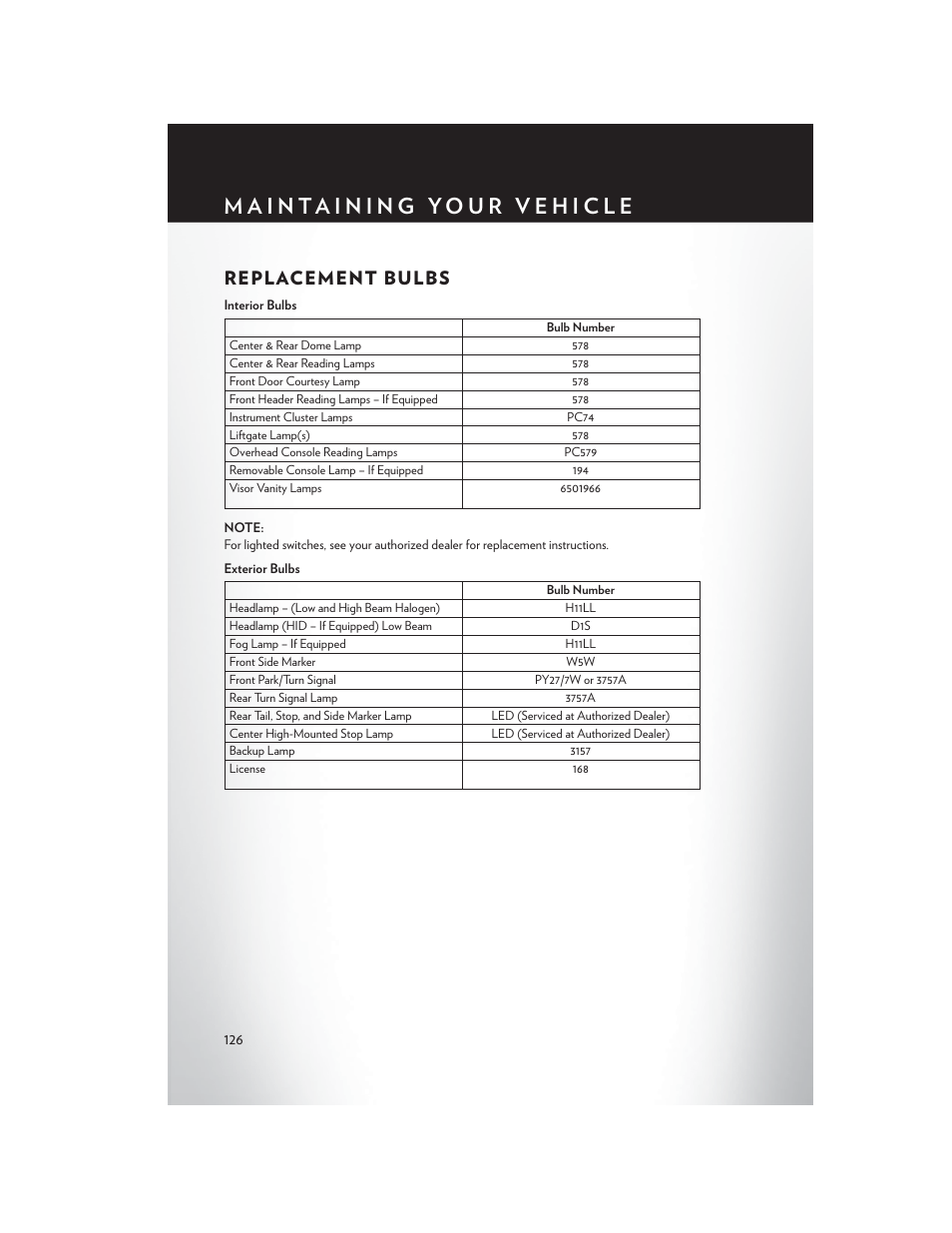 Replacement bulbs | Chrysler 2015 Country - User Guide User Manual | Page 128 / 140