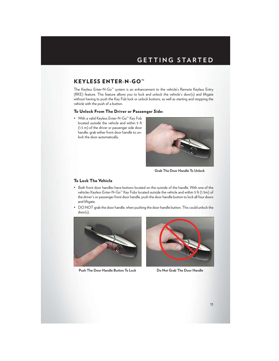 Keyless enter-n-go, To unlock from the driver or passenger side, To lock the vehicle | Chrysler 2015 Country - User Guide User Manual | Page 13 / 140
