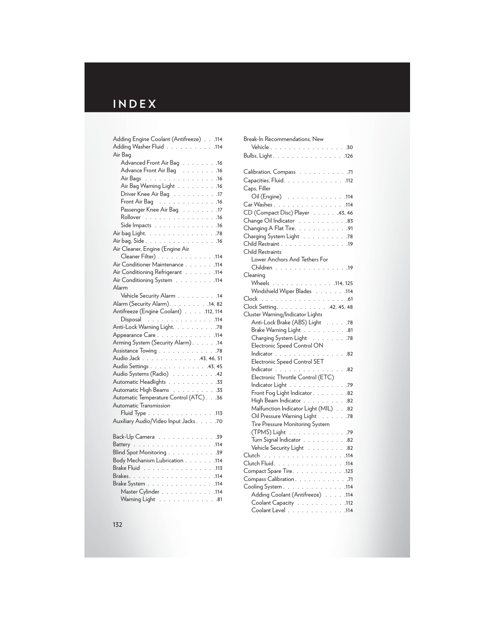 Index | Chrysler 2015 Country - User Guide User Manual | Page 134 / 140