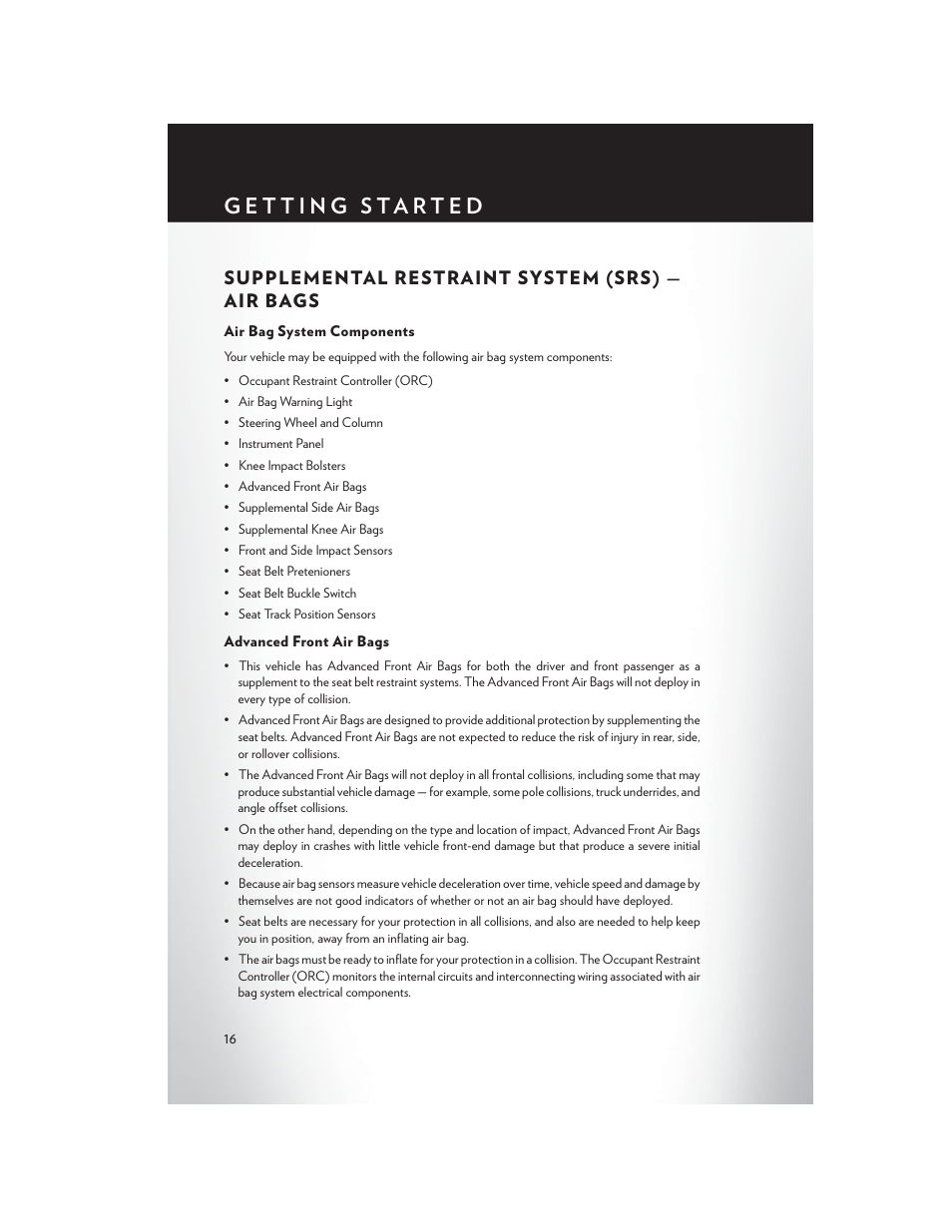 Supplemental restraint system (srs) — air bags, Air bag system components, Advanced front air bags | Supplemental restraint system, Srs) — air bags | Chrysler 2015 Country - User Guide User Manual | Page 18 / 140