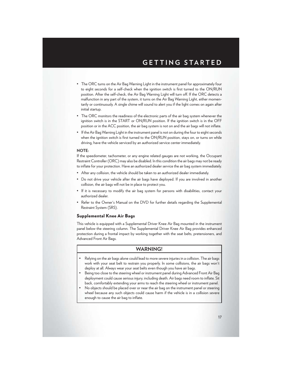 Supplemental knee air bags, Warning | Chrysler 2015 Country - User Guide User Manual | Page 19 / 140