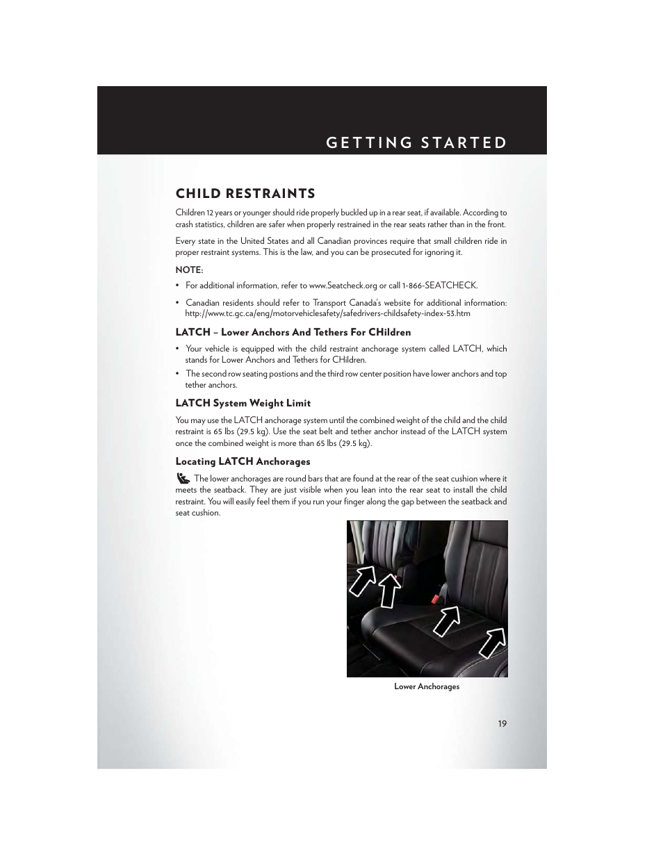 Child restraints, Latch – lower anchors and tethers for children, Latch system weight limit | Locating latch anchorages | Chrysler 2015 Country - User Guide User Manual | Page 21 / 140