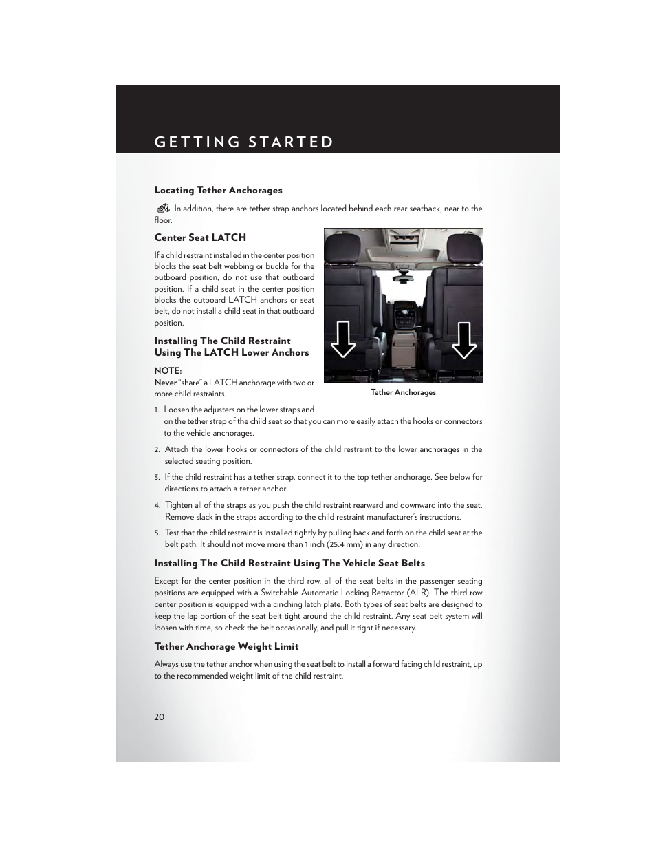 Locating tether anchorages, Center seat latch, Tether anchorage weight limit | Chrysler 2015 Country - User Guide User Manual | Page 22 / 140