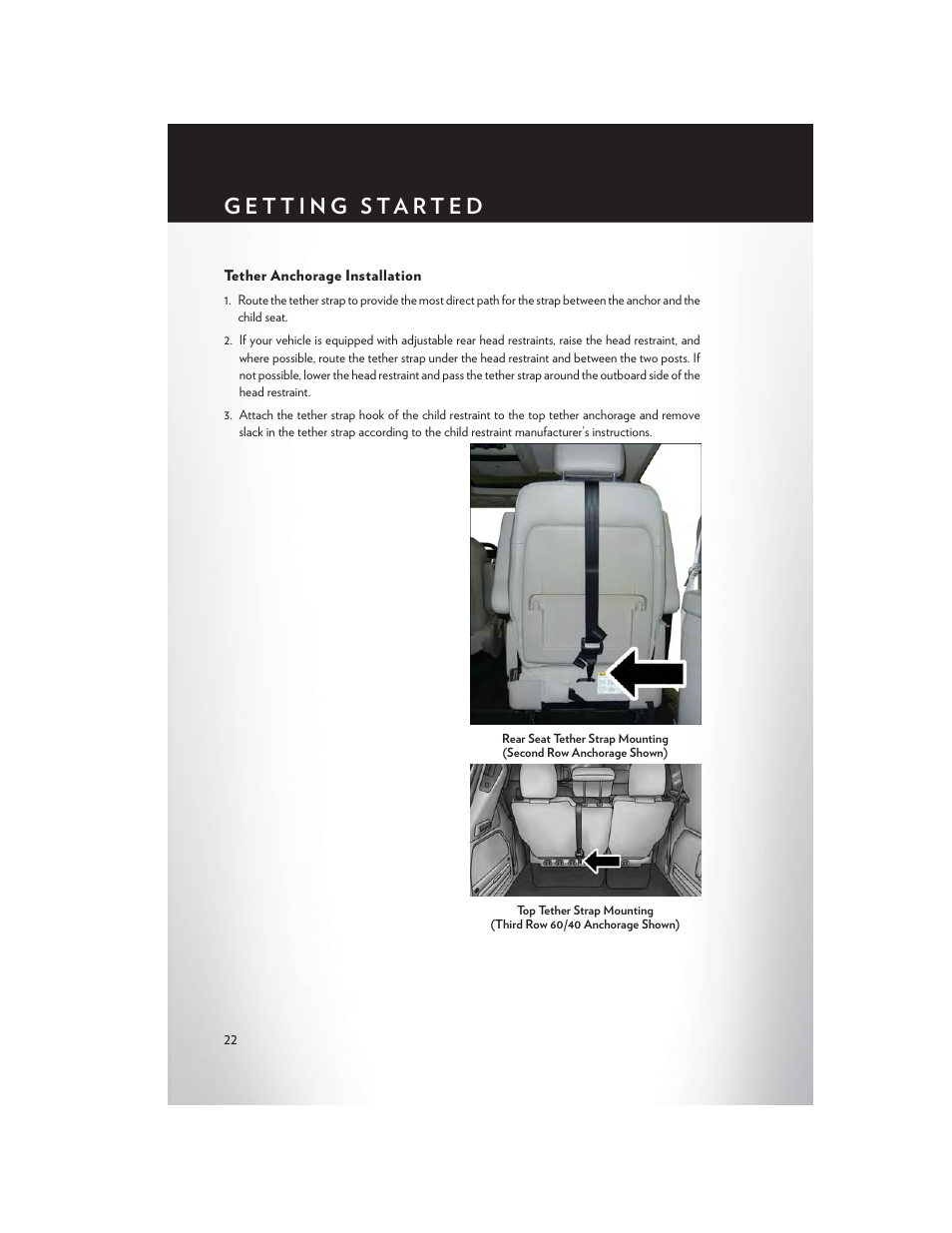 Tether anchorage installation | Chrysler 2015 Country - User Guide User Manual | Page 24 / 140