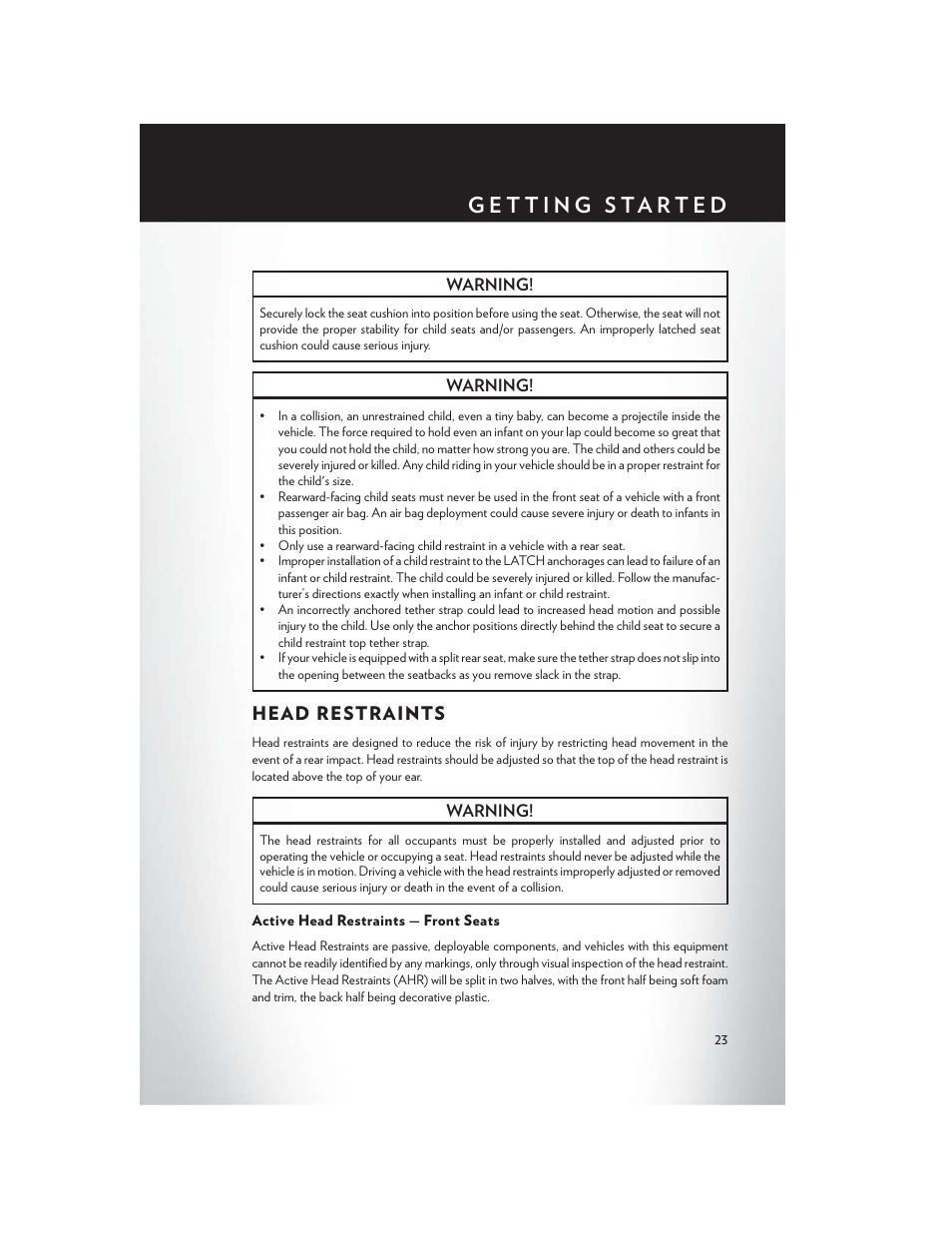 Head restraints, Active head restraints — front seats | Chrysler 2015 Country - User Guide User Manual | Page 25 / 140