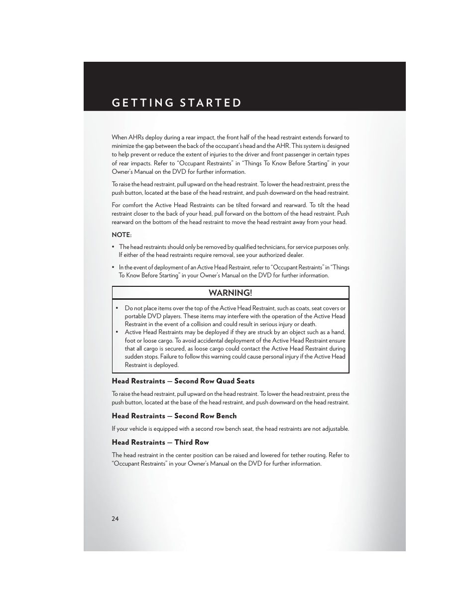 Head restraints — second row quad seats, Head restraints — second row bench, Head restraints — third row | Chrysler 2015 Country - User Guide User Manual | Page 26 / 140