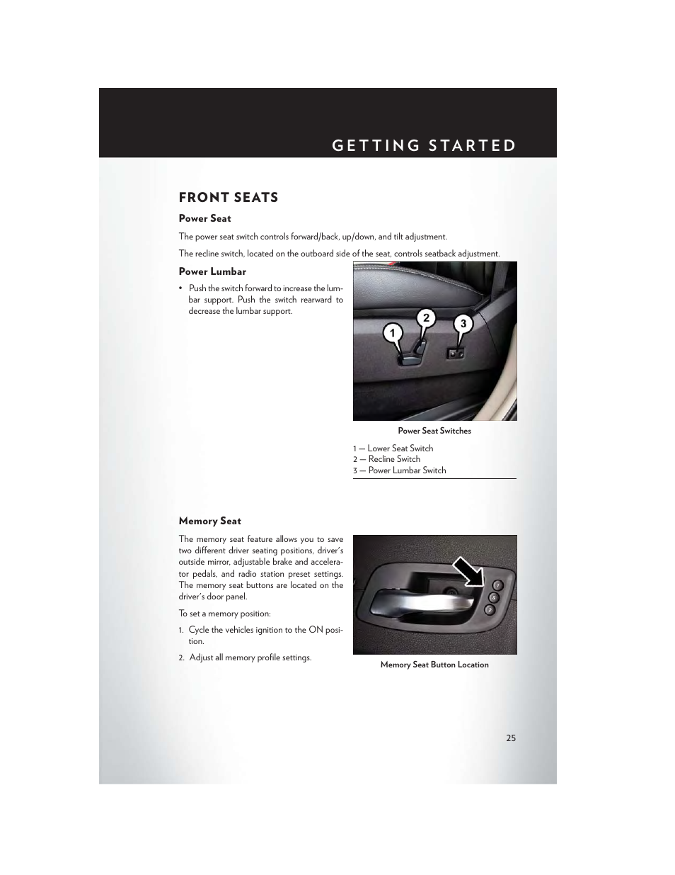 Front seats, Power seat, Power lumbar | Memory seat | Chrysler 2015 Country - User Guide User Manual | Page 27 / 140
