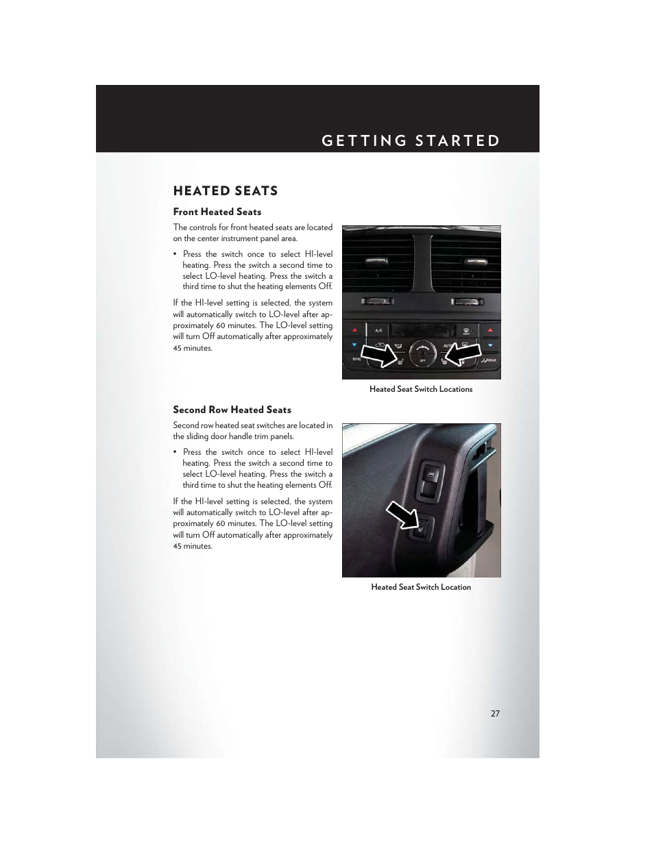Heated seats, Front heated seats, Second row heated seats | Chrysler 2015 Country - User Guide User Manual | Page 29 / 140