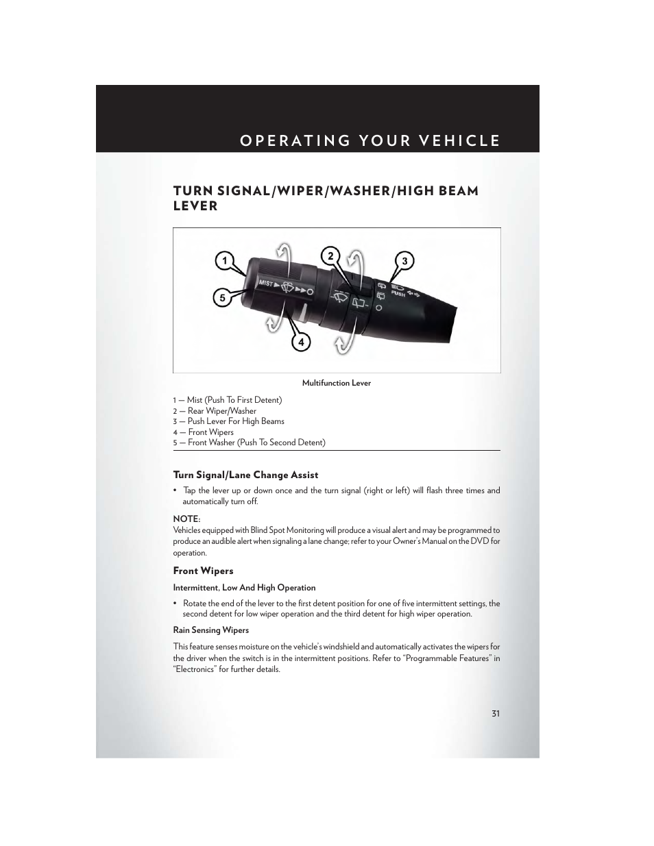 Turn signal/wiper/washer/high beam lever, Turn signal/lane change assist, Front wipers | Turn signal/wiper/washer/high, Beam lever | Chrysler 2015 Country - User Guide User Manual | Page 33 / 140