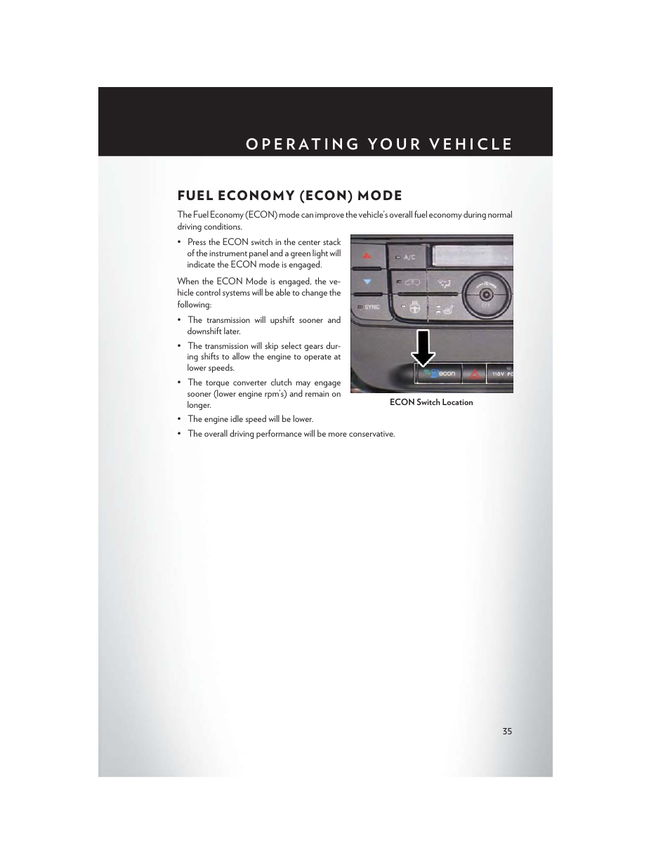 Fuel economy (econ) mode | Chrysler 2015 Country - User Guide User Manual | Page 37 / 140