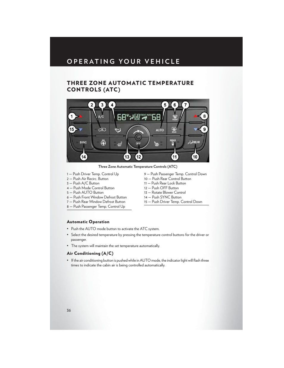 Three zone automatic temperature controls (atc), Automatic operation, Air conditioning (a/c) | Three zone automatic temperature, Controls (atc) | Chrysler 2015 Country - User Guide User Manual | Page 38 / 140