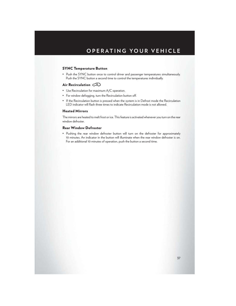 Sync temperature button, Air recirculation, Heated mirrors | Rear window defroster | Chrysler 2015 Country - User Guide User Manual | Page 39 / 140