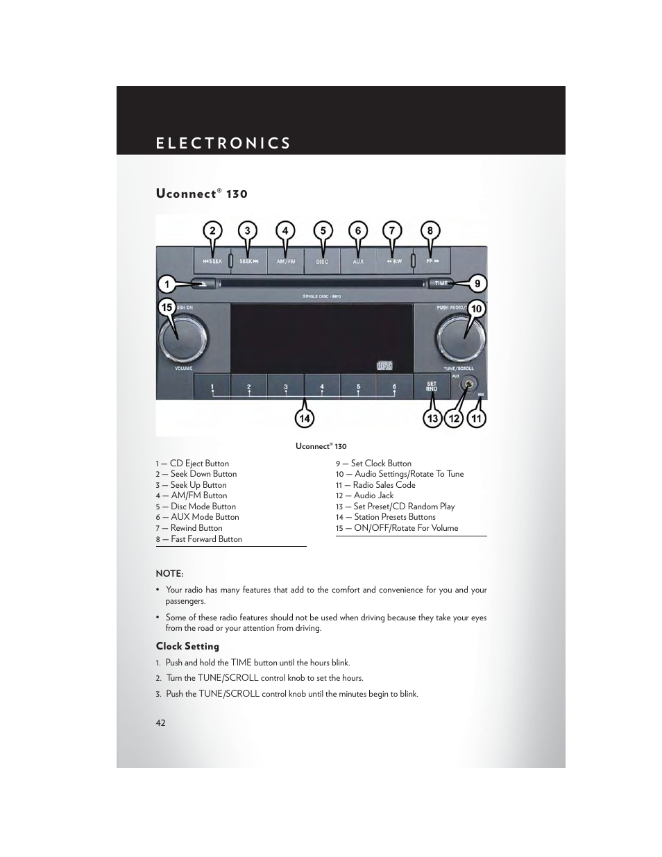 Uconnect® 130, Clock setting | Chrysler 2015 Country - User Guide User Manual | Page 44 / 140