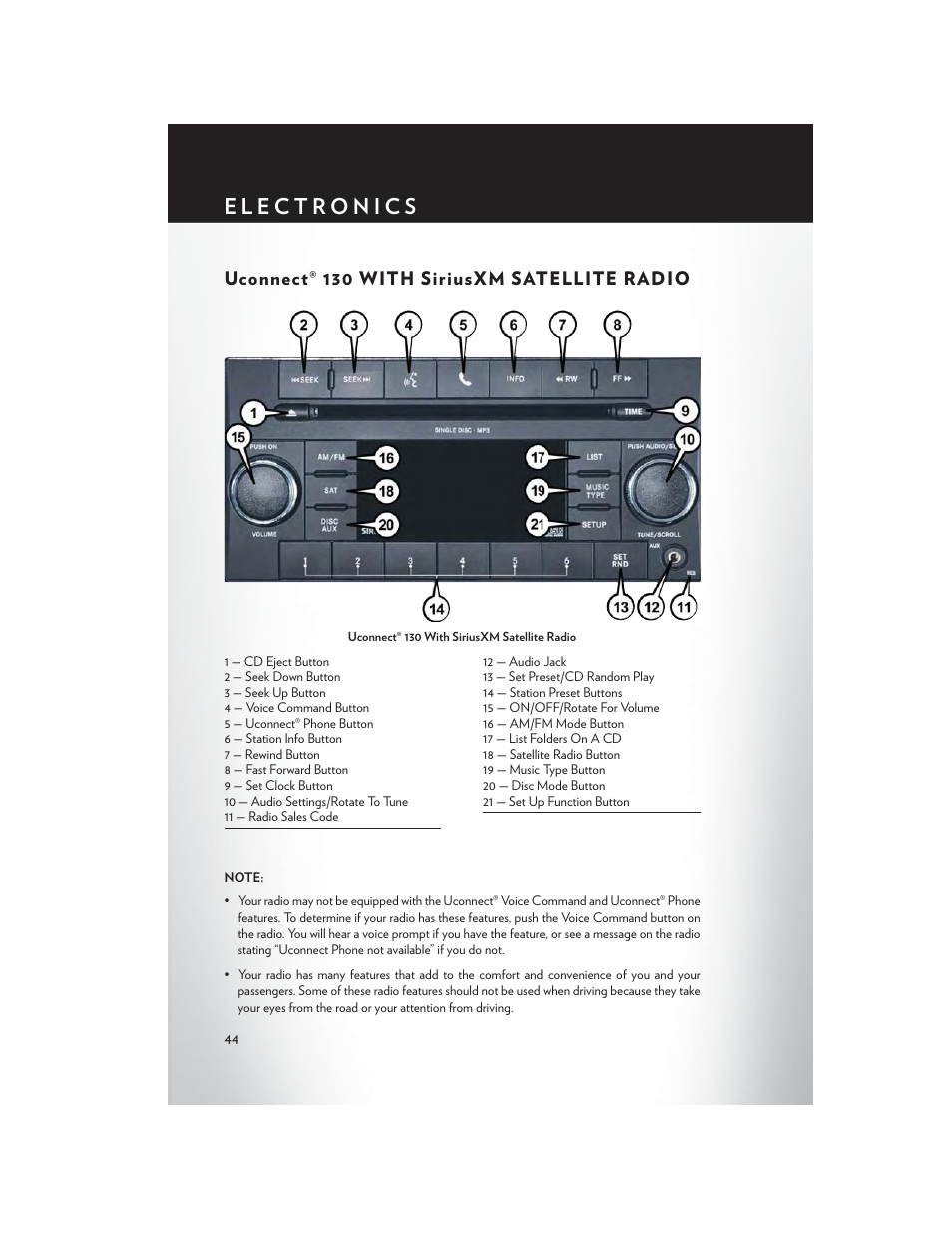 Uconnect® 130 with siriusxm satellite radio, Uconnect® 130 with siriusxm satellite, Radio | Chrysler 2015 Country - User Guide User Manual | Page 46 / 140