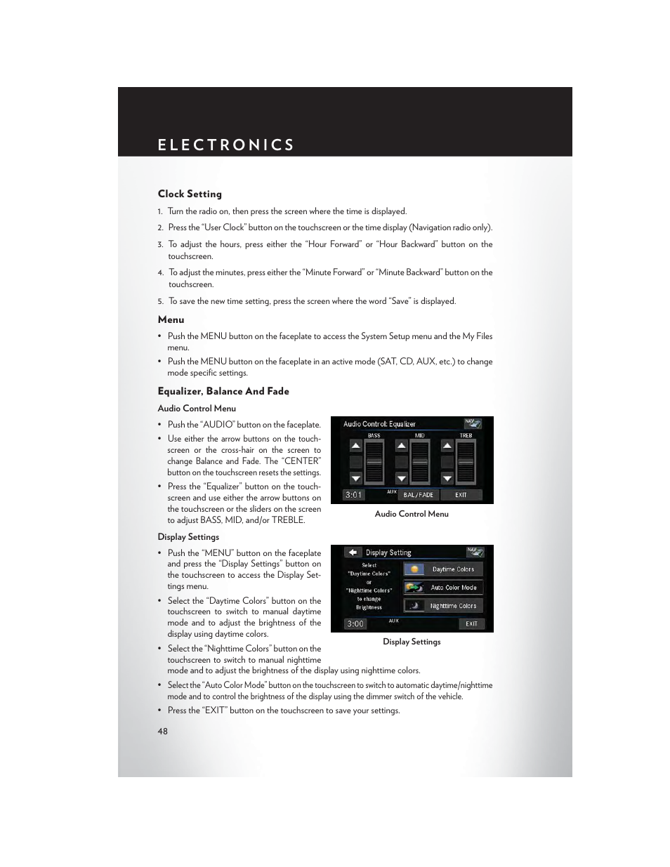 Clock setting, Menu, Equalizer, balance and fade | Chrysler 2015 Country - User Guide User Manual | Page 50 / 140