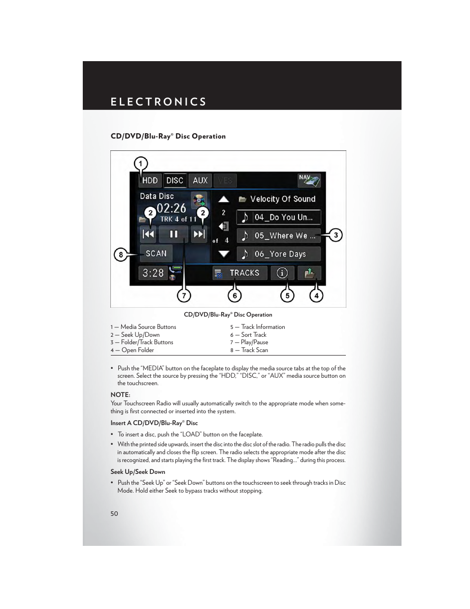 Cd/dvd/blu-ray® disc operation | Chrysler 2015 Country - User Guide User Manual | Page 52 / 140