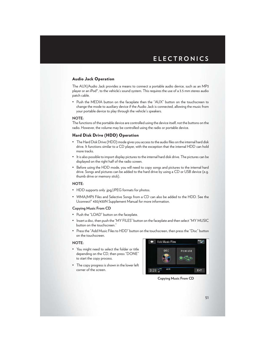 Audio jack operation, Hard disk drive (hdd) operation | Chrysler 2015 Country - User Guide User Manual | Page 53 / 140