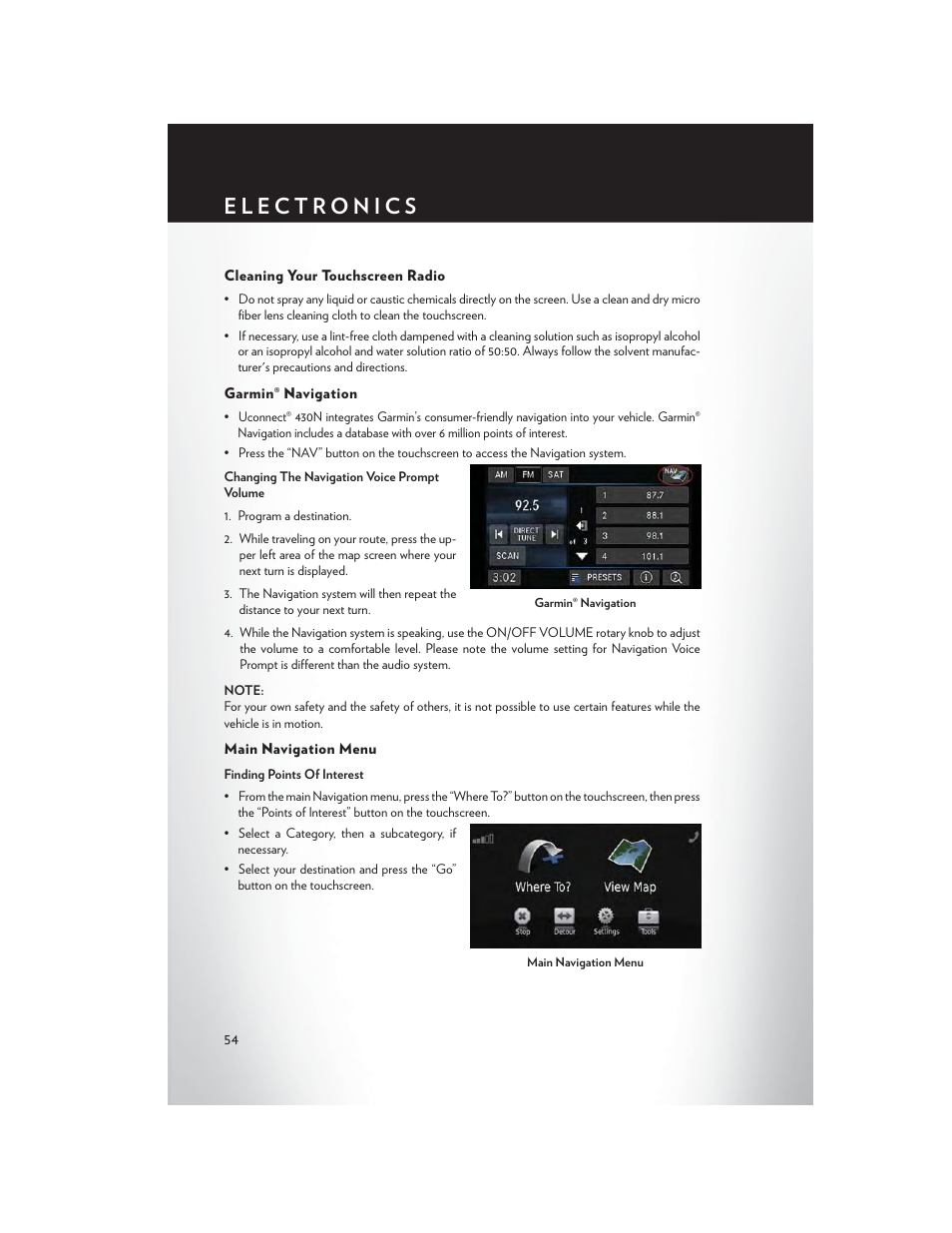 Cleaning your touchscreen radio, Garmin® navigation, Main navigation menu | Chrysler 2015 Country - User Guide User Manual | Page 56 / 140