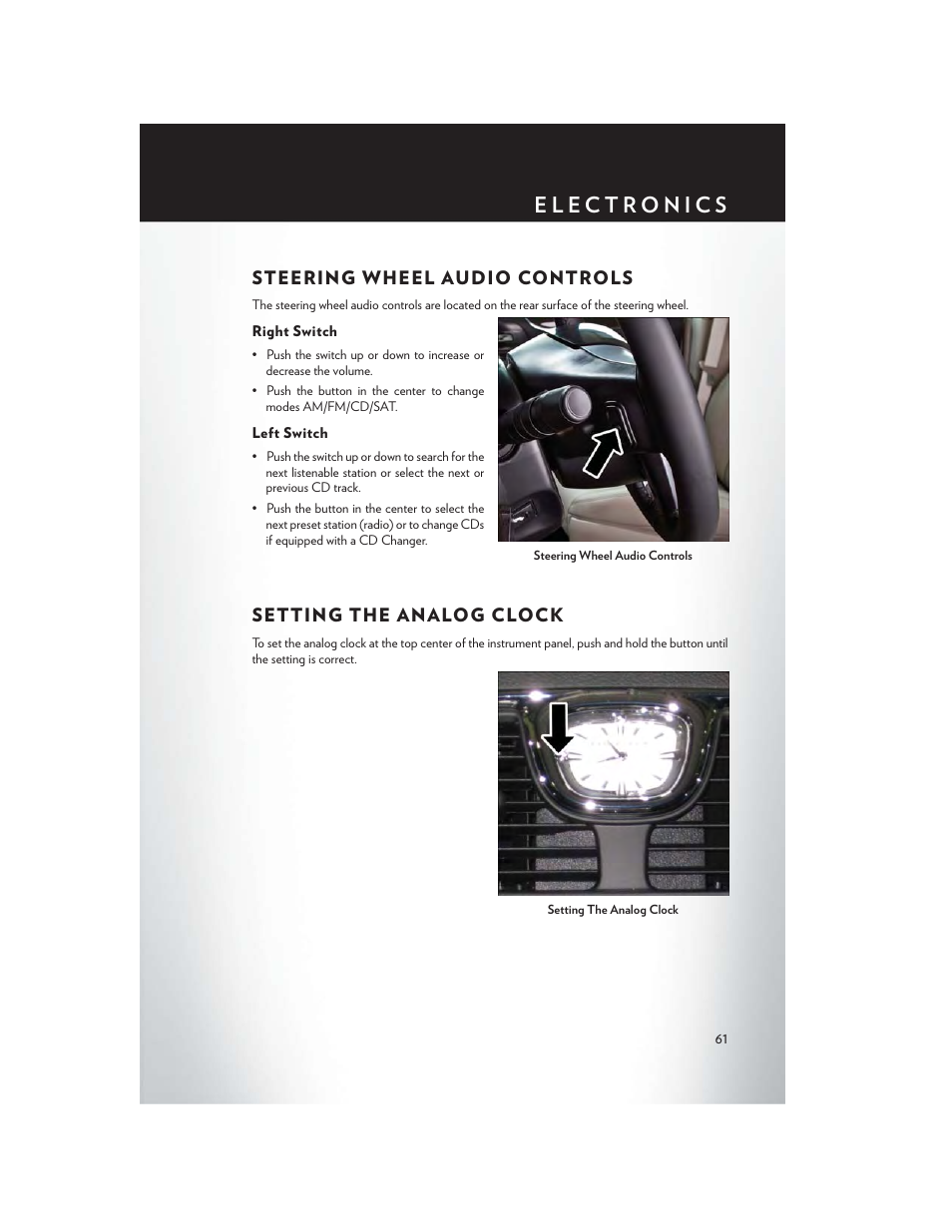 Steering wheel audio controls, Right switch, Left switch | Setting the analog clock, Steering wheel audio controls . 61 | Chrysler 2015 Country - User Guide User Manual | Page 63 / 140